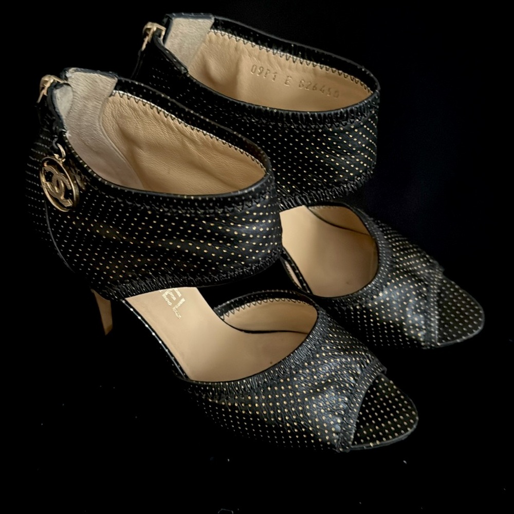 CHANEL Polka Dot Leather Ankle Wrap Heels